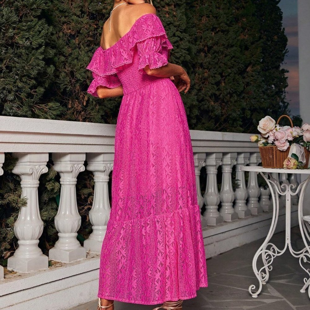 Pink Boho Womens Off Shoulder Ruffle Trim Lace Dress - Picture 2 of 5